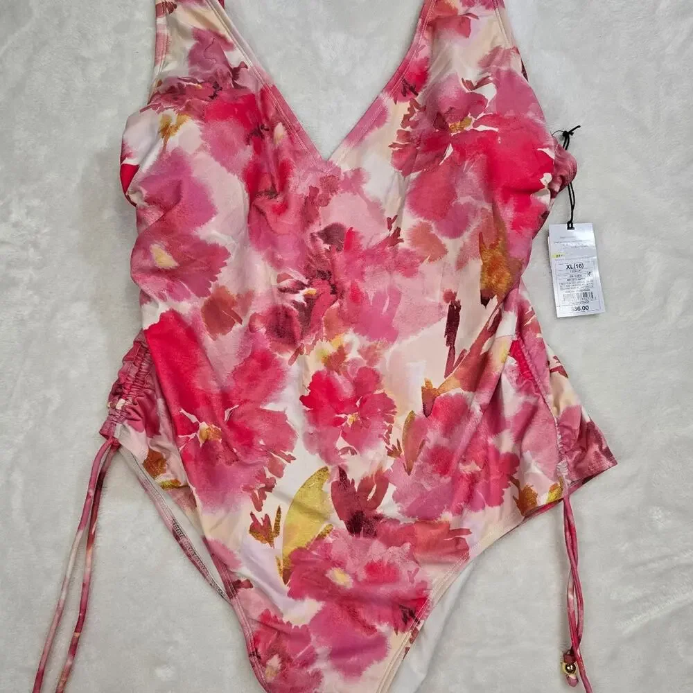 Shade & Shore Women's Floral Print V-Neck One-Piece Swimsuit size XL NWT